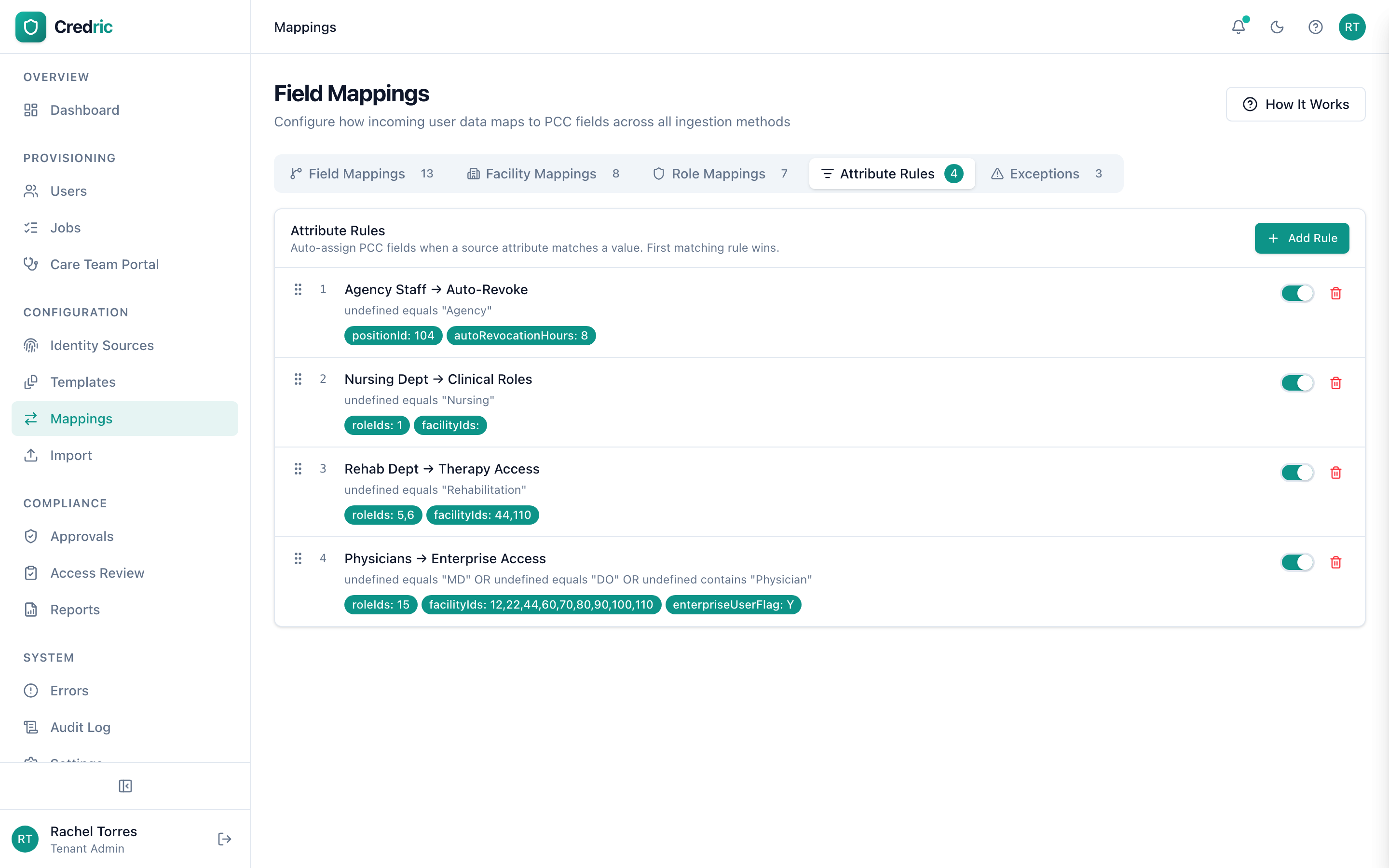 Attribute rules engine showing conditional field assignments based on department and role