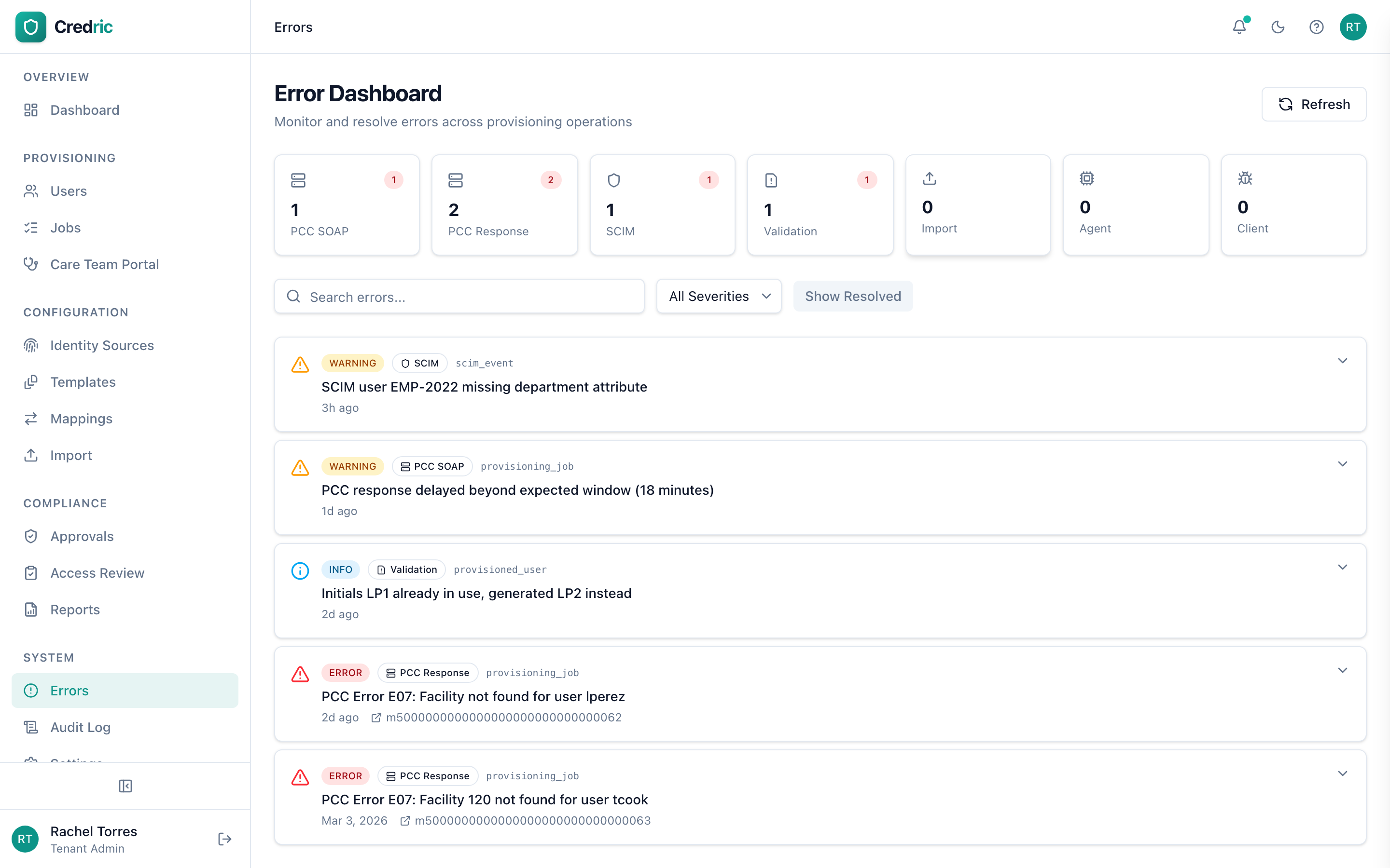 Error dashboard with categorized errors by severity and source