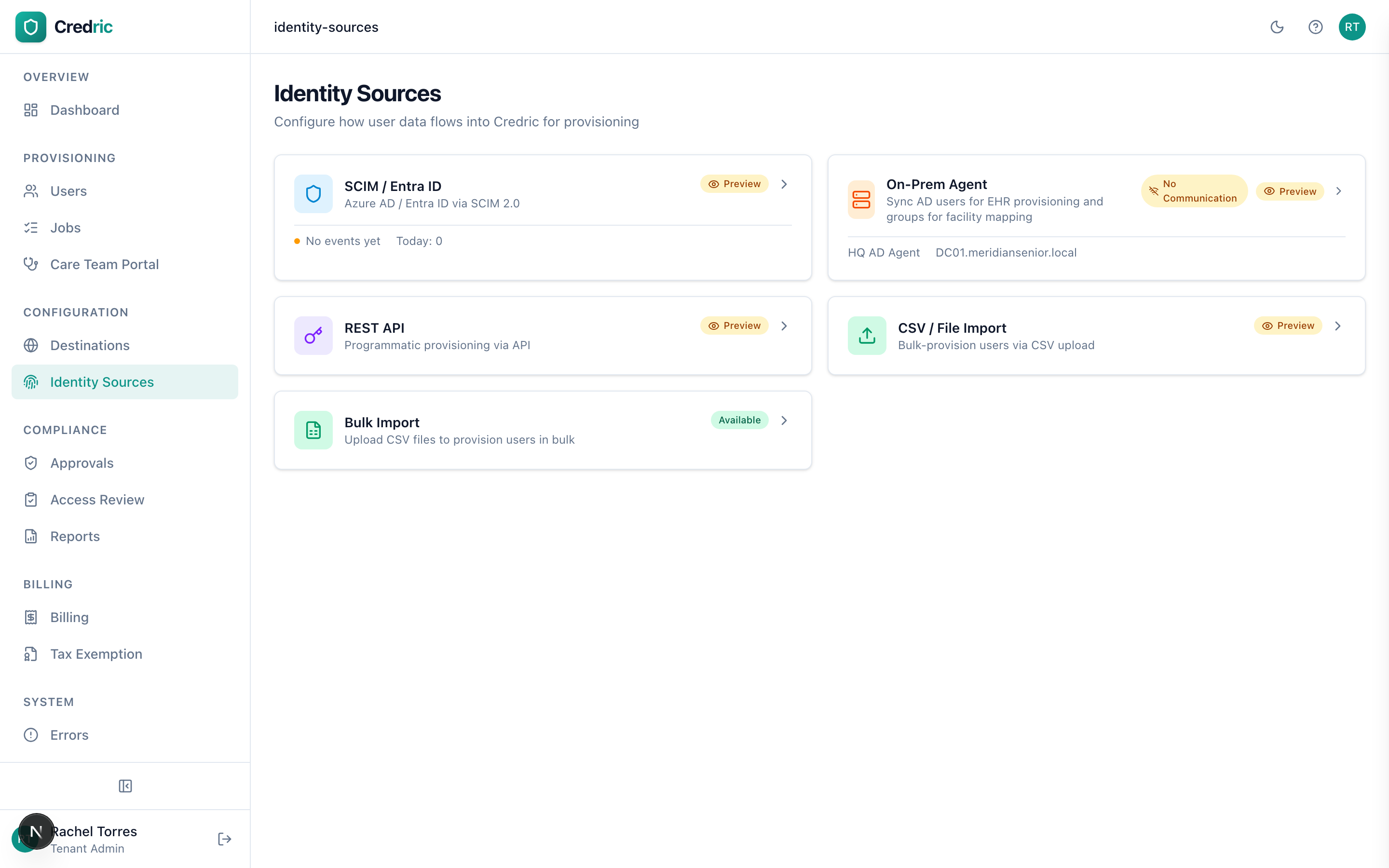 Identity Sources page showing SCIM / Entra ID, on-prem AD agent, REST API, CSV, and bulk import connections